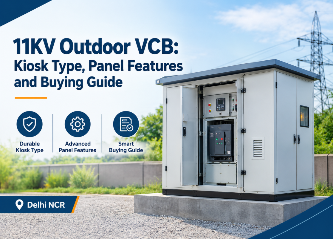 11KV outdoor VCB kiosk type panel installed on a concrete base with open door showing vacuum circuit breaker and relay control unit