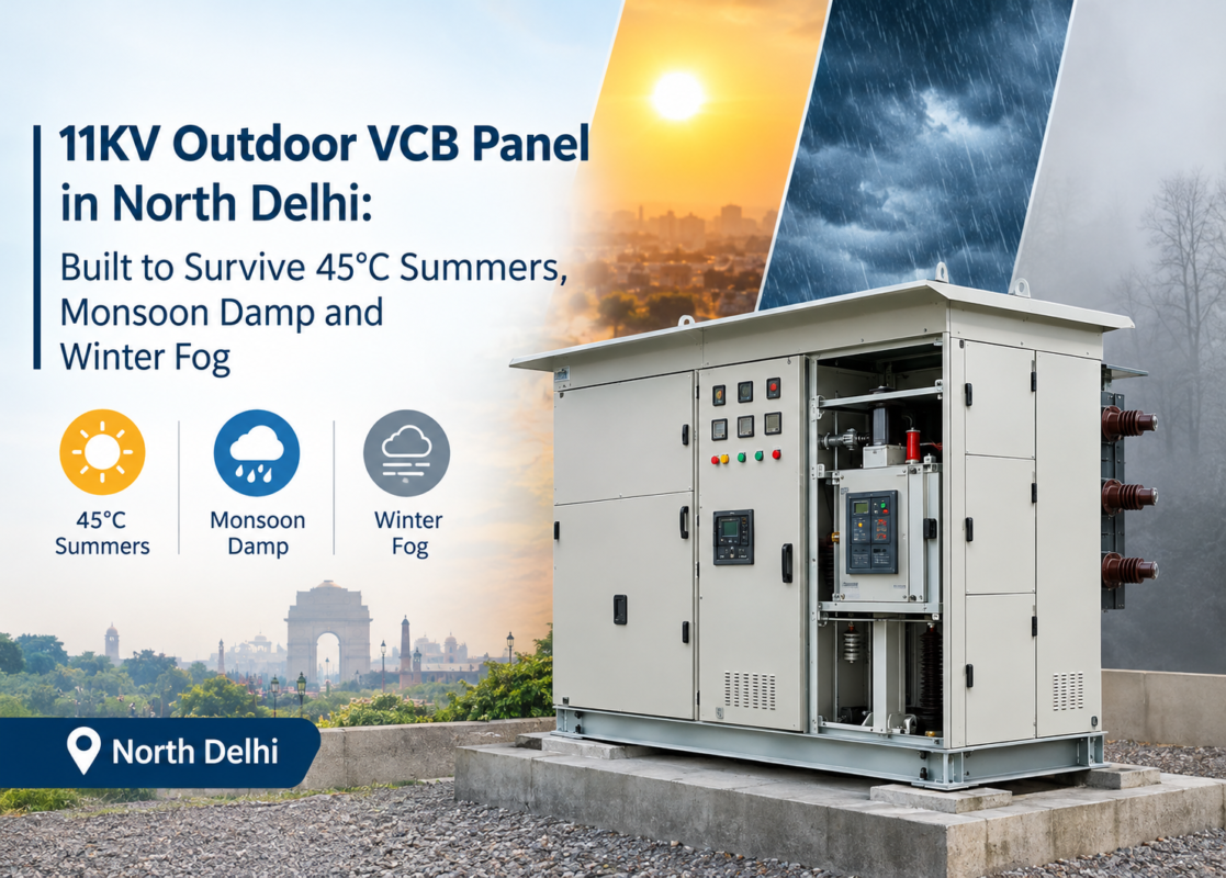11KV outdoor VCB panel on a concrete plinth in North Delhi, shown against summer heat, monsoon rain and winter fog