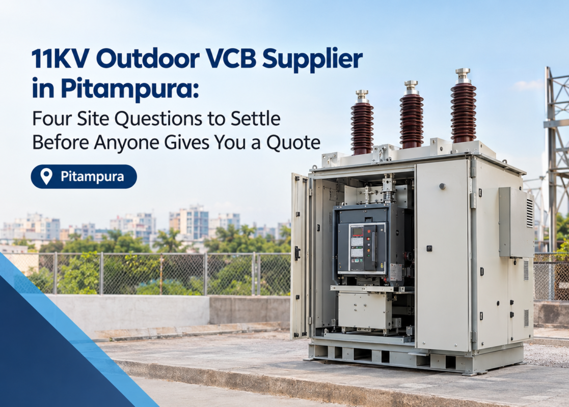 11KV Outdoor VCB Supplier in Pitampura: outdoor vacuum circuit breaker cabinet with open door on a concrete plinth, North West Delhi
