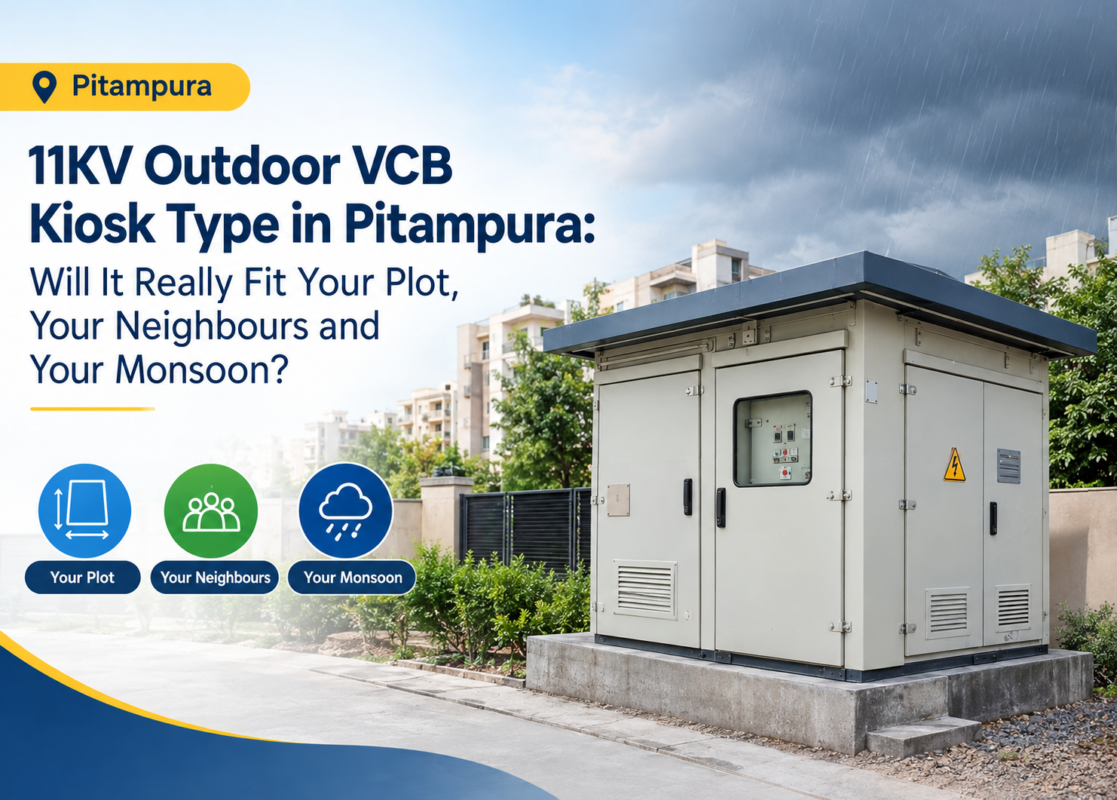 11KV outdoor VCB kiosk type on a concrete plinth near residential buildings in Pitampura, Delhi during monsoon