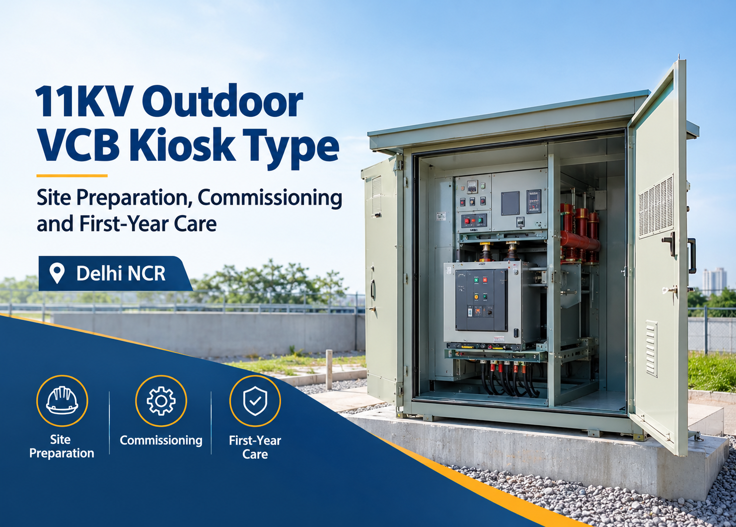 11KV Outdoor VCB Kiosk Type on a concrete plinth with open door showing vacuum circuit breaker, Delhi NCR installation guide