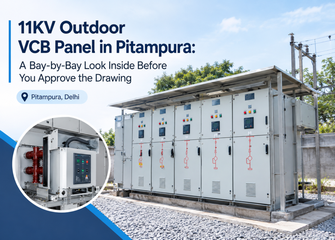 11KV outdoor VCB panel in Pitampura, Delhi, with multiple bays under a steel canopy on a concrete plinth with gravel