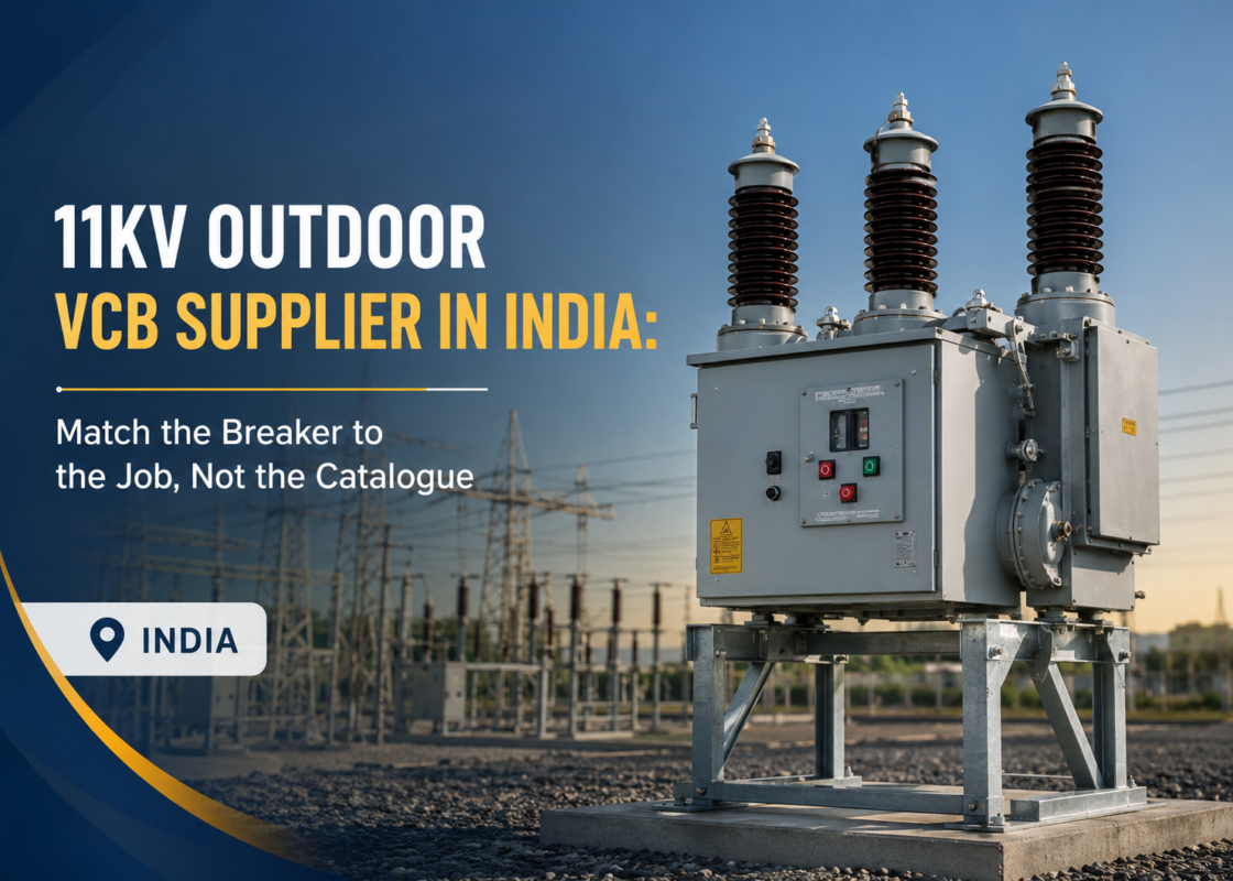 11KV outdoor VCB on a galvanised steel stand at an Indian substation, shown for 11KV Outdoor VCB Supplier in India