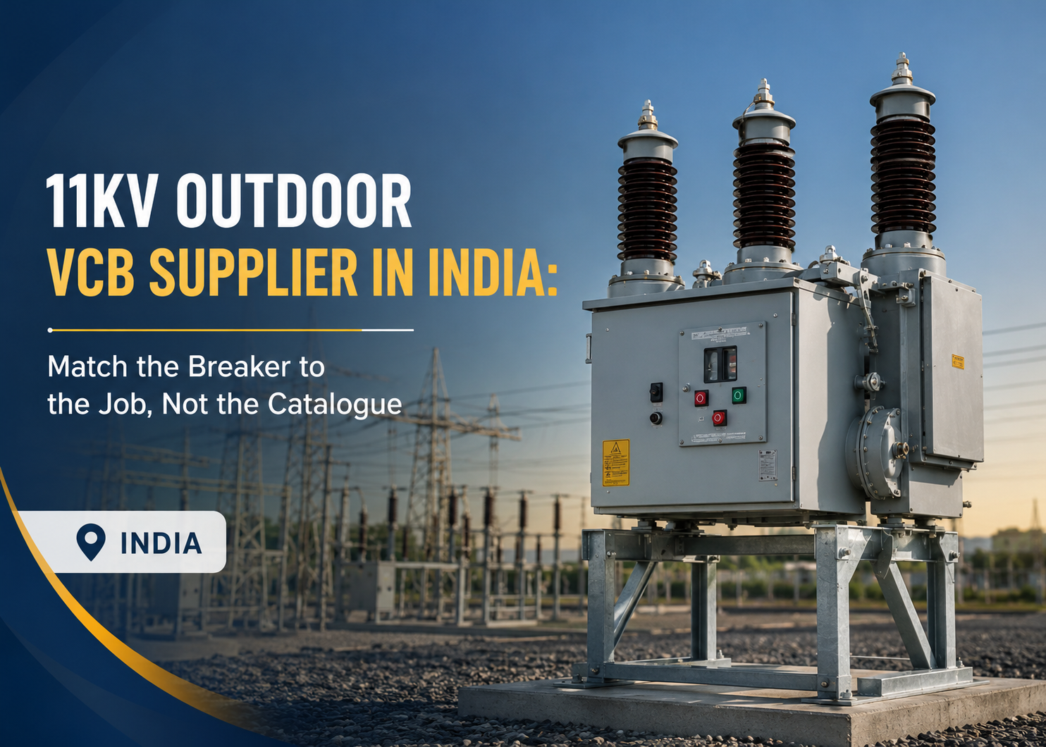 11KV outdoor VCB on a galvanised steel stand at an Indian substation, shown for 11KV Outdoor VCB Supplier in India