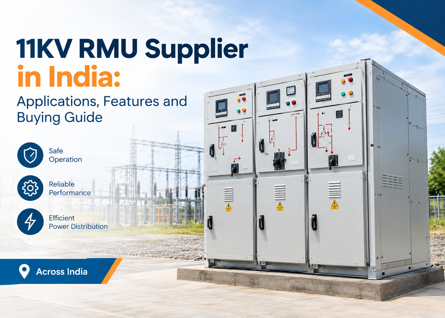 11KV RMU supplier in India: three-panel 11KV ring main unit installed outdoors on a concrete plinth near an electrical substation