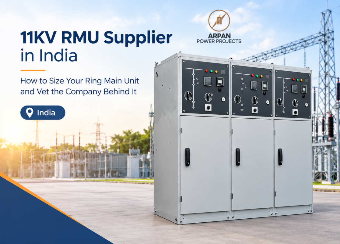 11KV RMU supplier in India: three-panel ring main unit with mimic diagrams and meters at an outdoor substation