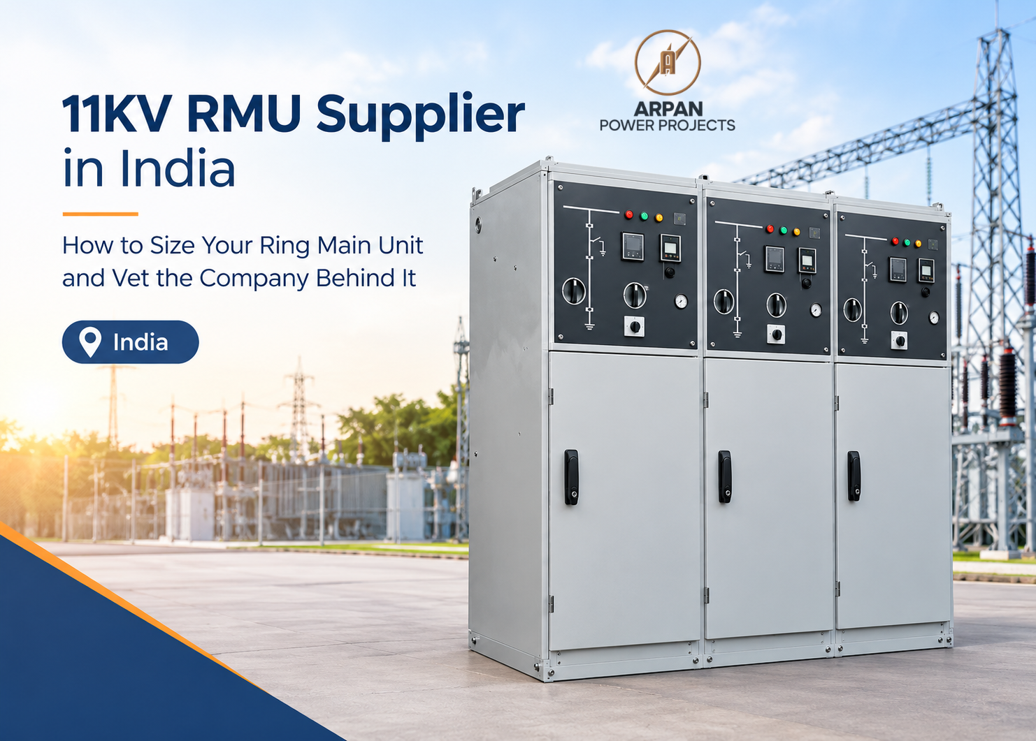 11KV RMU supplier in India: three-panel ring main unit with mimic diagrams and meters at an outdoor substation