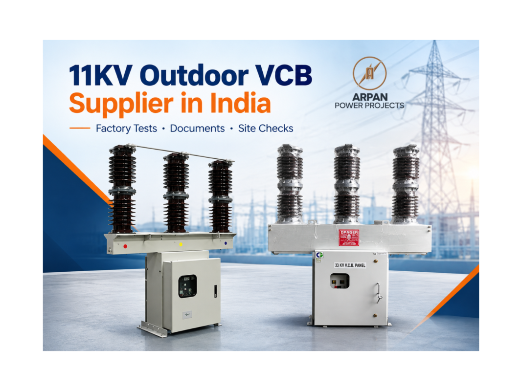 11KV Outdoor VCB Supplier in India: two outdoor vacuum circuit breakers with control panels by Arpan Power Projects