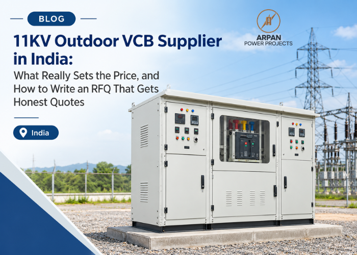11KV outdoor VCB panel with viewing window, meters and indicator lamps at an outdoor substation in India, supplied by Arpan Power Projects