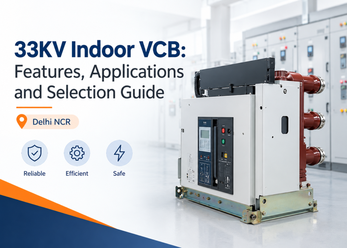 33KV indoor vacuum circuit breaker with operating panel and red insulated poles inside a switchgear room