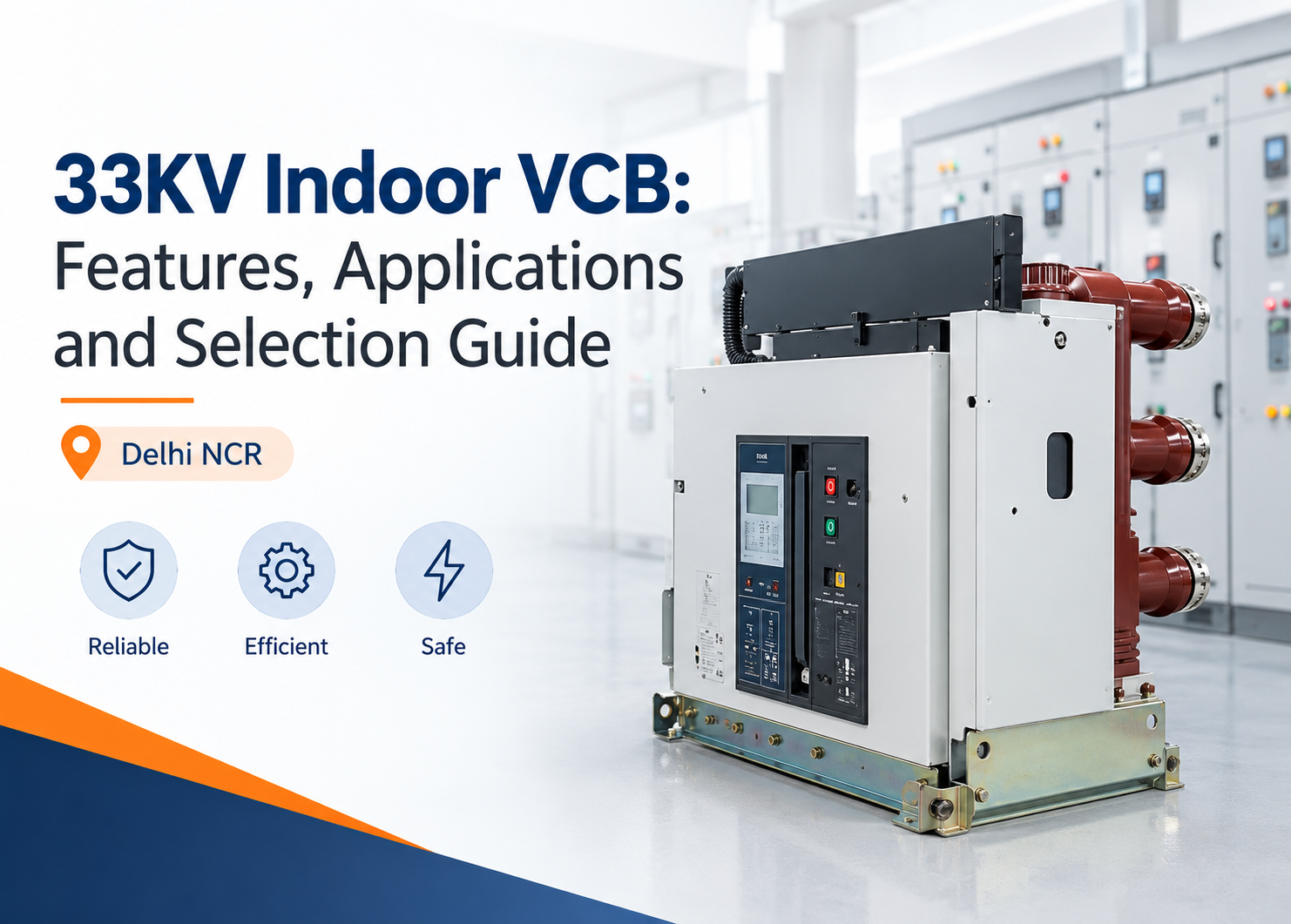 33KV indoor vacuum circuit breaker with operating panel and red insulated poles inside a switchgear room