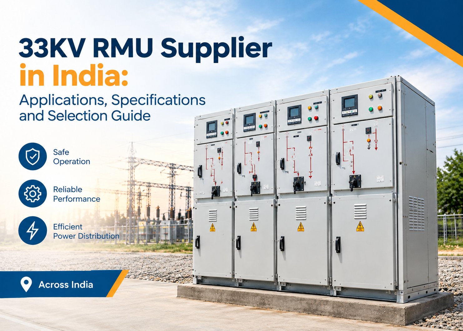 33KV RMU supplier in India guide banner showing four-panel ring main unit switchgear installed outdoors near a substation