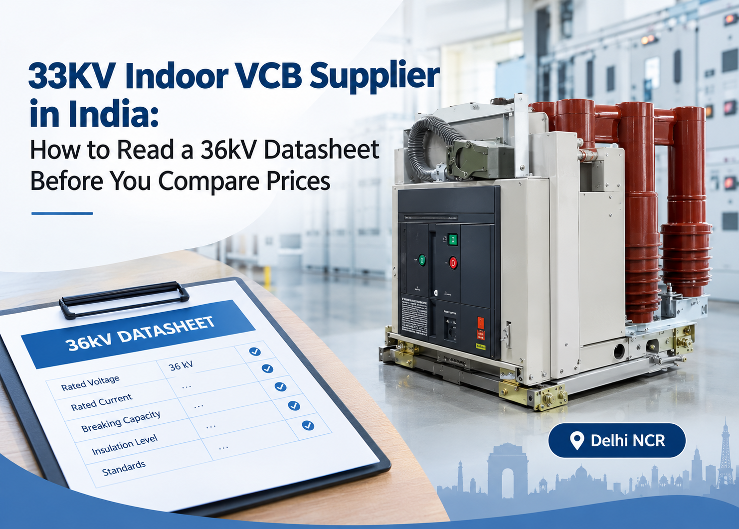 33KV Indoor VCB Supplier in India: withdrawable vacuum circuit breaker beside a 36kV datasheet checklist, Delhi NCR