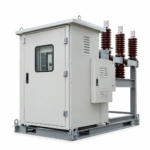 33KV Outdoor VCB with three ribbed insulator bushings on a steel frame beside a control cabinet
