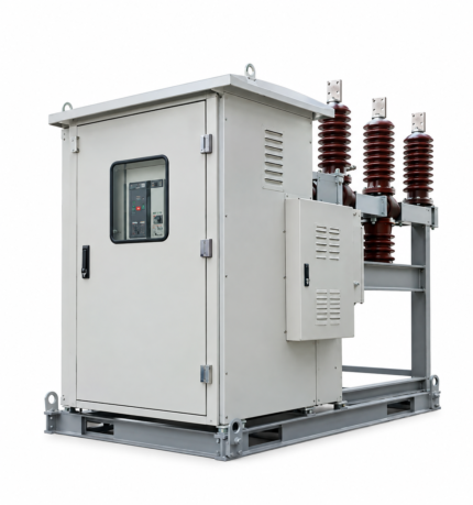 33KV Outdoor VCB with three ribbed insulator bushings on a steel frame beside a control cabinet