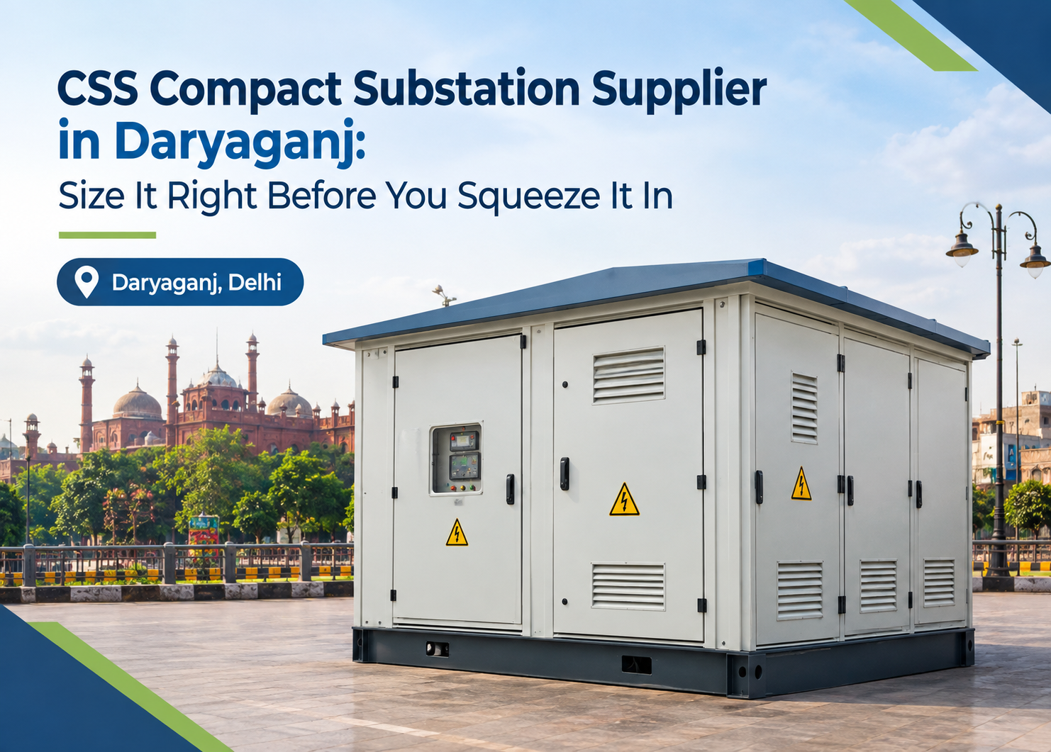 CSS compact substation supplier in Daryaganj: outdoor packaged substation unit with Old Delhi heritage skyline behind