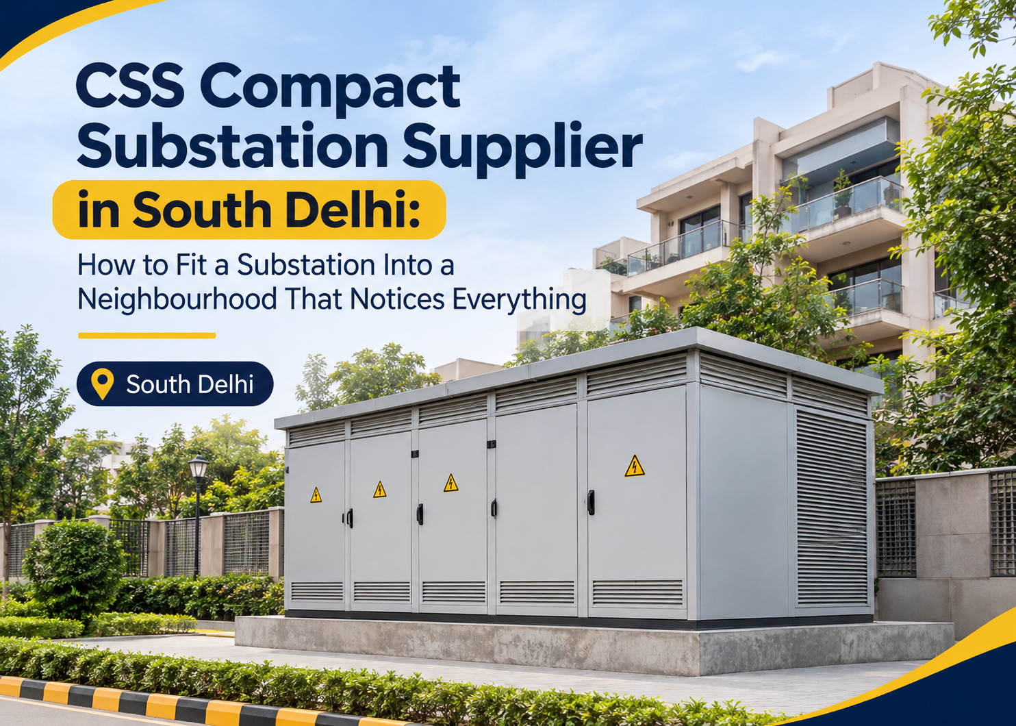 CSS compact substation supplier in South Delhi: outdoor packaged substation on a plinth beside a residential building