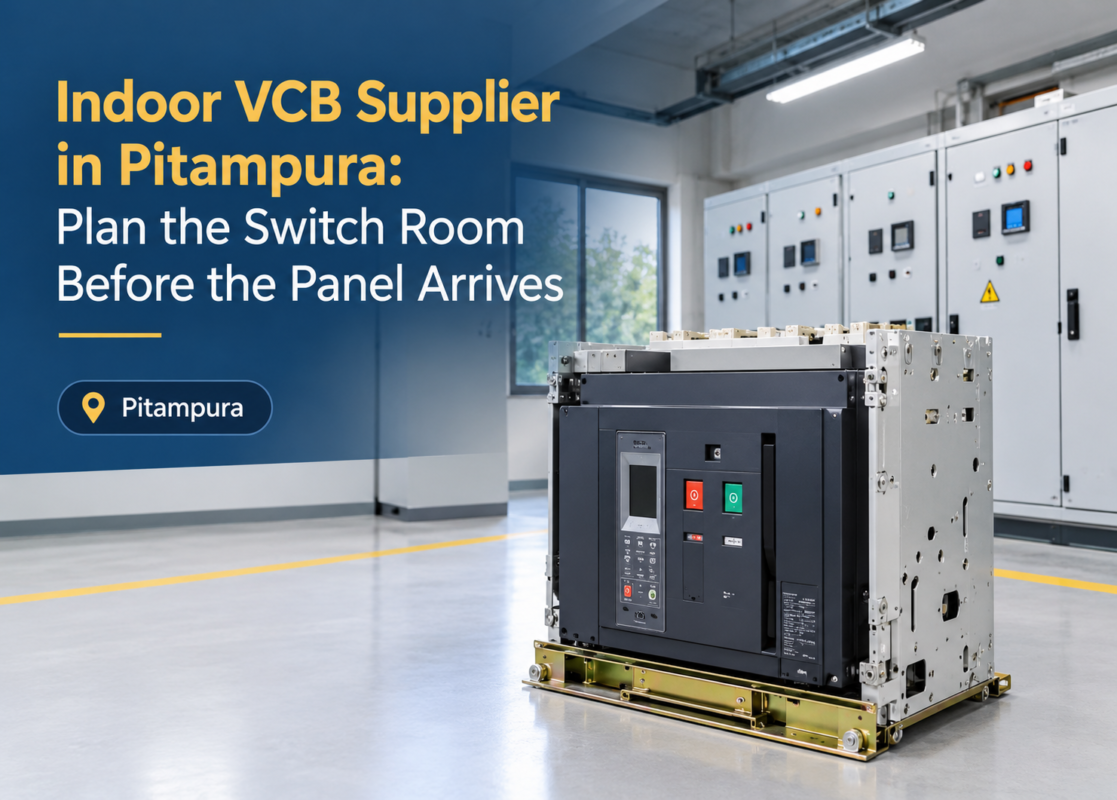Indoor VCB Supplier in Pitampura: withdrawable vacuum circuit breaker on a trolley inside an HT switch room in Delhi