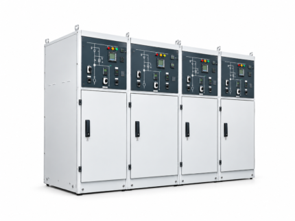 33KV RMU: four-panel switchgear with mimic diagrams, indicator lights and digital displays