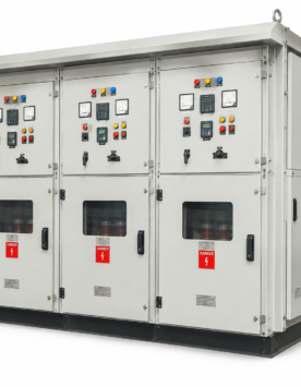 11KV Outdoor VCB Panel with three bays, meters, relays, indicator lamps and danger labels