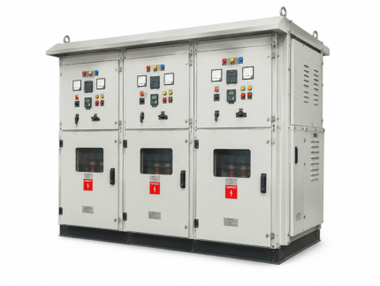 11KV Outdoor VCB Panel with three bays, meters, relays, indicator lamps and danger labels