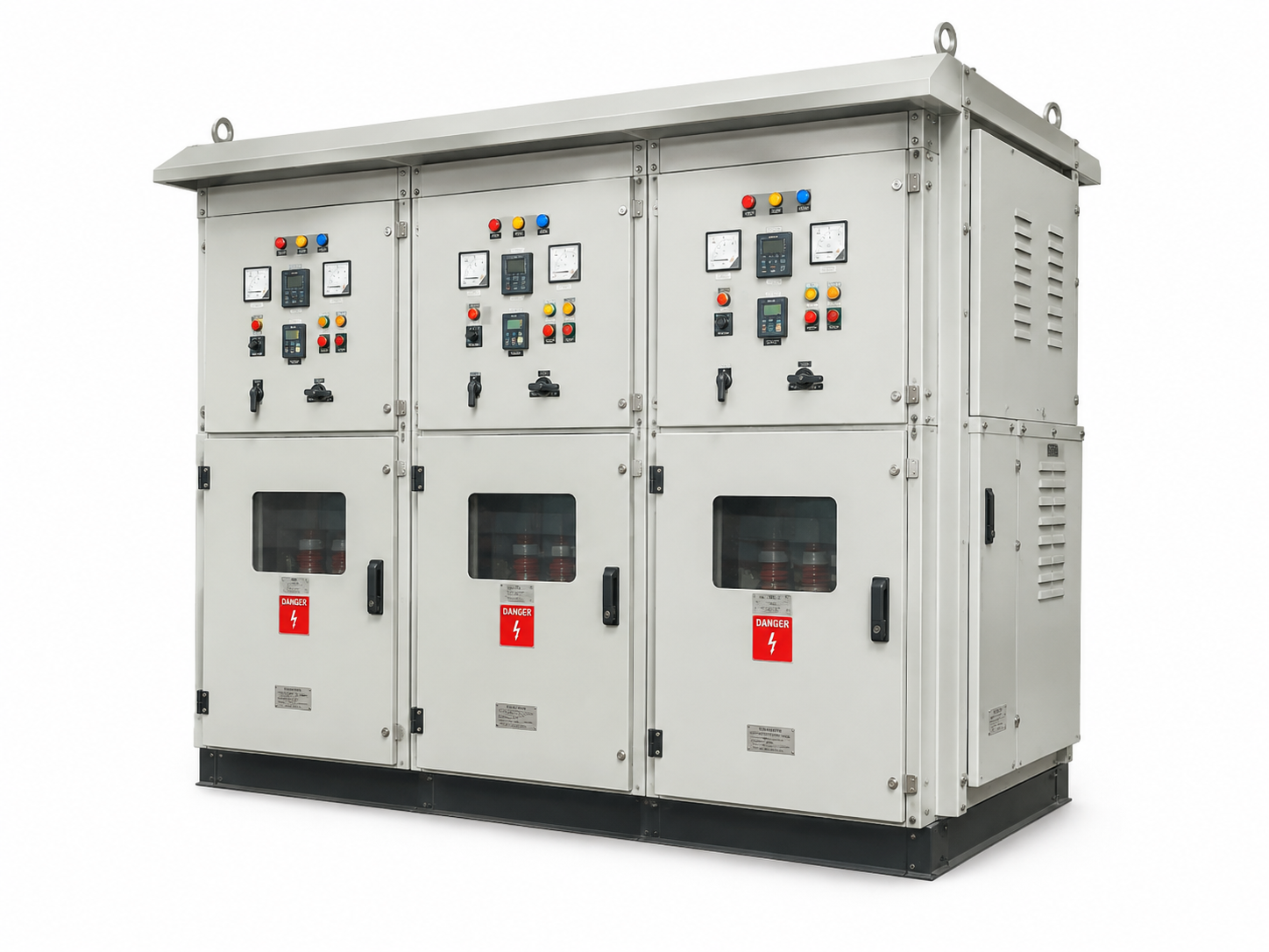 11KV Outdoor VCB Panel – Three-Bay Outdoor Switchgear 11KV Outdoor VCB Panel with three bays, meters, relays, indicator lamps and danger labels