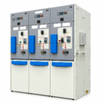 33KV RMU Supplier in India: three-bay ring main unit with red mimic diagrams, blue covers and selector switches
