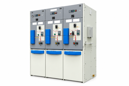 33KV RMU Supplier in India: three-bay ring main unit with red mimic diagrams, blue covers and selector switches