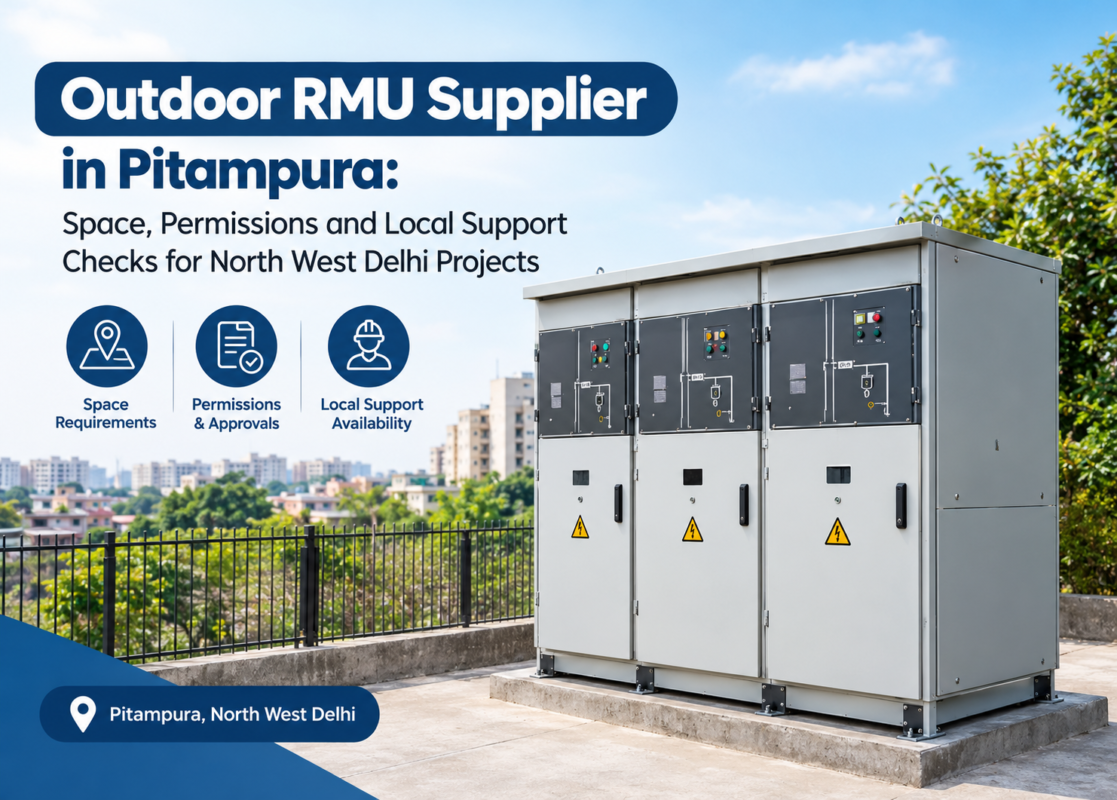 Outdoor RMU Supplier in Pitampura: three-panel outdoor ring main unit on a concrete plinth near a railing in North West Delhi