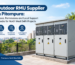 Outdoor RMU Supplier in Pitampura: three-panel outdoor ring main unit on a concrete plinth near a railing in North West Delhi