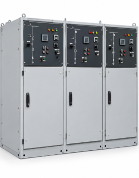 11KV RMU Supplier in India: three-bay switchgear panel with mimic diagrams, indicator lamps and digital displays