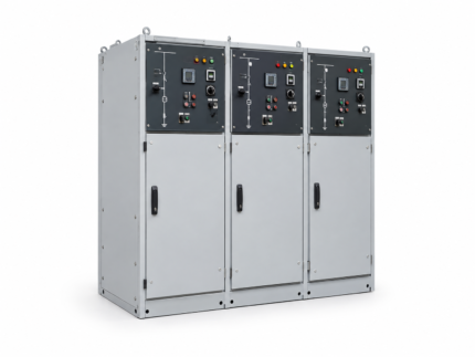 11KV RMU Supplier in India: three-bay switchgear panel with mimic diagrams, indicator lamps and digital displays