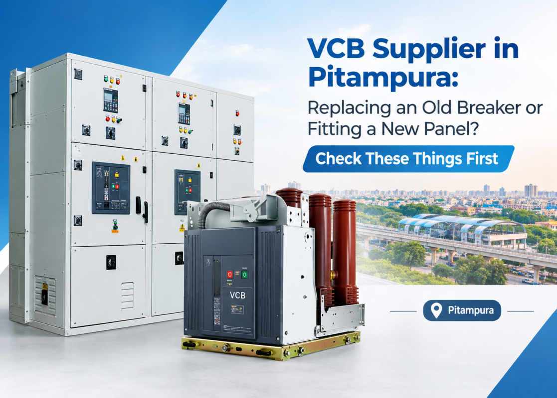 VCB supplier in Pitampura: withdrawable vacuum circuit breaker beside a multi-bay VCB panel with Delhi skyline