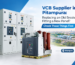 VCB supplier in Pitampura: withdrawable vacuum circuit breaker beside a multi-bay VCB panel with Delhi skyline