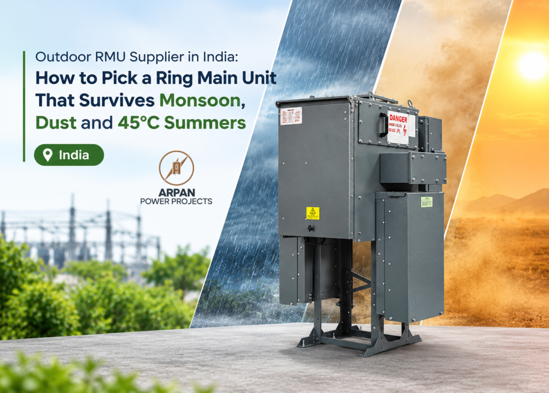 Outdoor RMU on a steel stand facing monsoon rain, dust and 45°C heat, supplied by Arpan Power Projects in India
